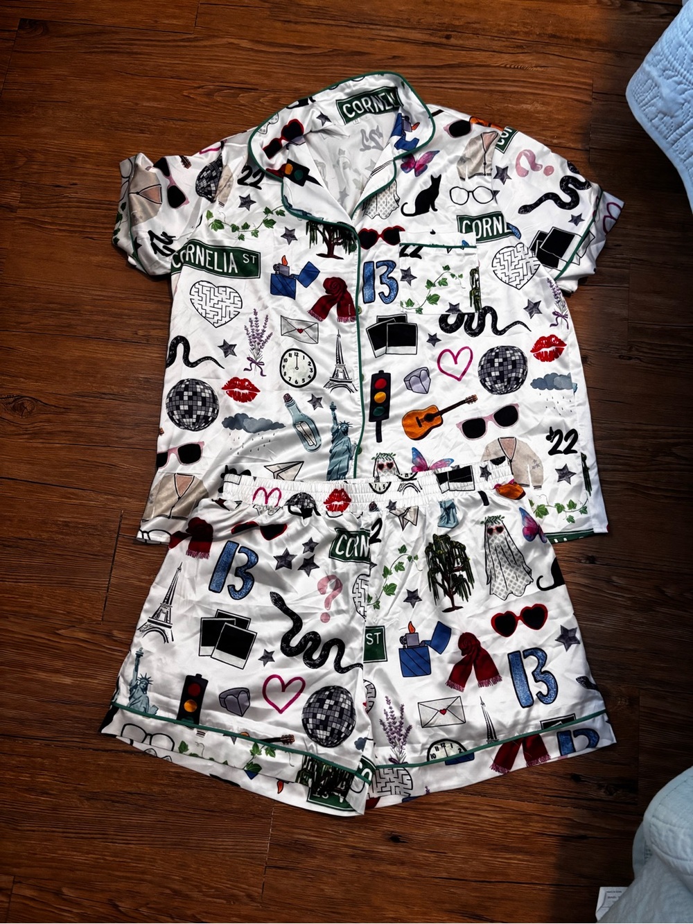 Taylor Swift Adult Satin Pajama Set - White with Multicolor Icons